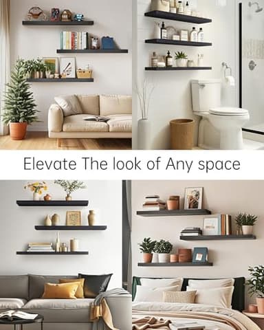 BAYKA Floating Shelves for Wall, 36 inches Long Wall Mounted Rustic Wood Shelves for Bathroom, Bedroom, Living Room, for Books/Storage/Decor with 30lbs Capacity（Black,Set of 3 - Image 7