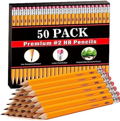 V-Opitos Wood-Cased #2 HB Pencils, 50 Pack Bulk Pre-Sharpened Yellow Pencils with Top Erasers, School Classroom Teacher Supplies, Writing, Drawing and Sketching - Image 3