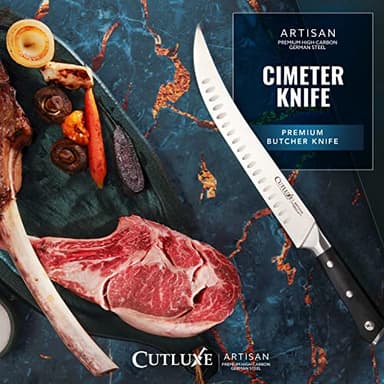Cutluxe Butcher Knife – 10″ Cimeter Breaking Knife, Razor Sharp Forged High Carbon German Steel, Full Tang Meat Carving Knife, Ergonomic Handle Design – Artisan Series - Image 4