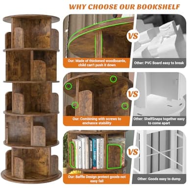 Aheaplus Rotating Bookshelf, 360 Display Wood Spinning Bookshelf Tower, 5 Tier Floor Standing Bookcase Storage Rack, Revolving Bookcase Corner Bookshelfs for Small Space, Study, Bed Room, Rustic Brown - Image 7