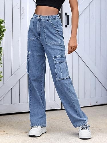ZMPSIISA Women High Waisted Cargo Jeans Pants Wide Leg Casual Denim 6 Pockets Combat Military Trousers(Denim Blue,Large) - Image 3
