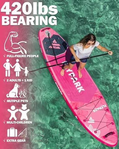Flypark 11'x34 Inflatable Paddle Boards, Extra Wide SUP for 420lbs/3Adults, Yoga Stand Up Paddle Board, 110L Backpack, 15 D-Rings, Shoulder Strap, US-Fin, 2-Action Pump - Image 5