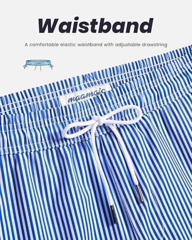 maamgic Mens Swim Trunks with Compression Liner 5" Stretch Beach Shorts Quick Dry with Zipper Pockets No-Chafing Board Shorts Blue White Stripe L - Image 6