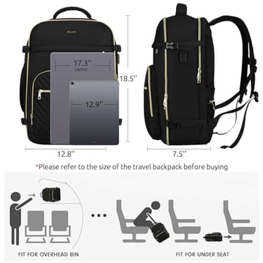 KROSIAS Travel Backpack for Women, Carry On Backpack for Airplanes Flight Approved, Waterproof Large Weekender Overnight Bag Fit 17 Inch Laptop with USB Charging Port, Black - Image 3