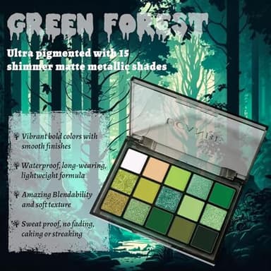 UCANBE Green Eyeshadow Makeup Palette, 15 Colors Bright Dark Green Shimmer Matte Metallic Glitter Eye Shadow, Forest Emerald Lime Pallet Kit for Cosplay Parties Christmas Halloween SFX - Image 2