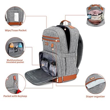 BILLITON MASHI Diaper Bag Backpack, Large Baby Nappy Bags with Portable Changing Pad for Boys and GirlsMultifunction Travel Baby Bag for Moms Dads, Shower Gifts Waterproof and Stylish，Grey - Image 2