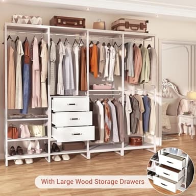 Aheaplus Wood Clothes Rack Wardrobe Closets for Hanging Clothes Heavy Duty Garment Rack, Large Corner L Shaped Closet System Organizer Walk-in Closet for Bedroom with 3 Wood Drawers, Pure White - Image 4