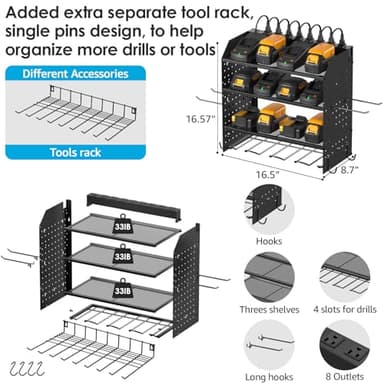 CCCEI Modular Power Tool Organizer with Charging Station. 4 Layer Wall Mount Drills Holder, Tool Battery Charger Organizer. Garage Shop Storage Utility Shelf with 10FT Power Strip, Gift for Men. - Image 3