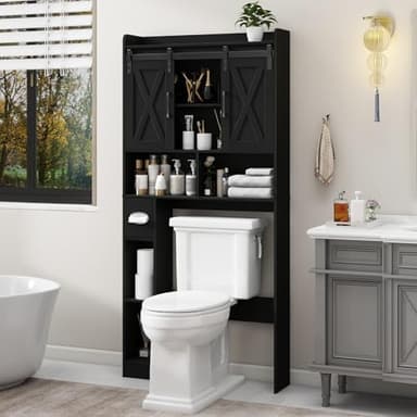 Over The Toilet Storage Cabinet, Farmhouse Storage Cabinet Over Toilet with Sliding Doors & Toilet Paper Holder Stand，Home Space-Saving Toilet Rack, for Bathroom, Laundry and Restroom.Black - Image 6