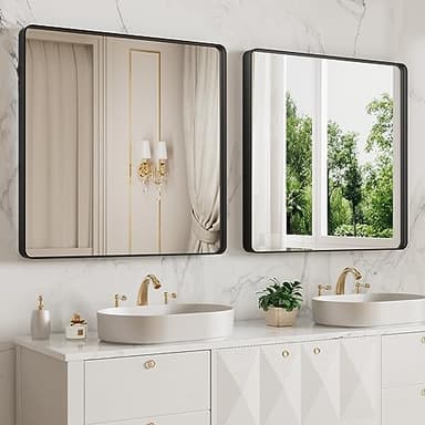 LOAAO 38x38 Inch Black Metal Framed Bathroom Mirror for Wall, Matte Black Bathroom Vanity Mirror Farmhouse, Large Rounded Rectangle Mirror, Anti-Rust, Tempered Glass, Hangs Horizontally or Vertically - Image 3