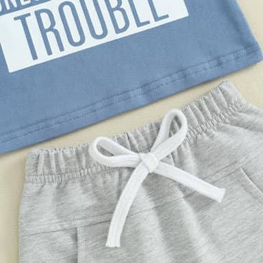 Toddler Baby Boy Summer Outfit Short Sleeve Letter Print T Shirt Top and Casual Shorts Set Cute Infant Newborn Clothes (Blue Handsome Trouble, 12-18 Months) - Image 6