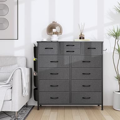 Lulive Dresser for Bedroom with 12 Drawers, Tall Dresser Chest of Drawers with Side Pockets and Hooks, Fabric Dresser Storage Tower for Closet, Hallway, Living Room (Dark Grey) - Image 7