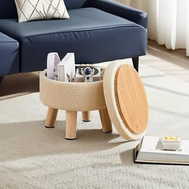 Wimarsbon Storage Ottoman, Modern Round Footrest with Soft Padded Seat, Teddy Velvet Footstool with Wood Legs, Accent Small Table or Plant Stand for Hallway, Living Room (Off-White) - Image 5