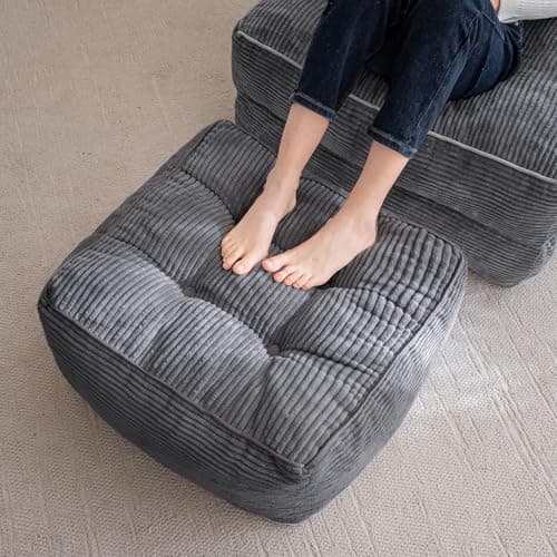 HIGOGOGO Square Stuffed Pouf Ottoman, Corduroy Poufs with Foam Chunk Filling, Furry and Fluffy Pouf Foot Stool Storage Ottoman, 21 X 21 Floor Poufs Foot Rest for Living Room, Dark Grey - Image 1