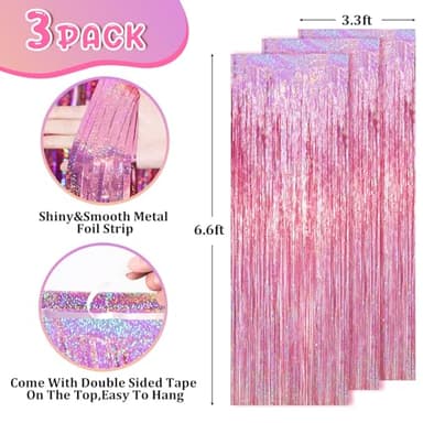 Voircoloria 2 Pack Laser Pink Tinsel Foil Fringe Curtains, Mothers Day Pink Decorations, Metallic Tinsel Party Streamers Backdrop for Birthday Bachelorette Graduation Wedding Party Decorations - Image 3