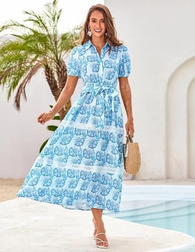 GRACE KARIN Women's 2025 Summer Floral Flowy Dresses Boho Tie Belt Short Puff Sleeve A Line Maxi Shirt Dress with Pocket White Blue Large - Image 2