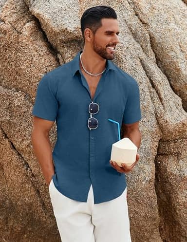 COOFANDY Mens Short Sleeve Button Down Shirts Linen Shirt Summer Beach Top Deep Blue - Image 4