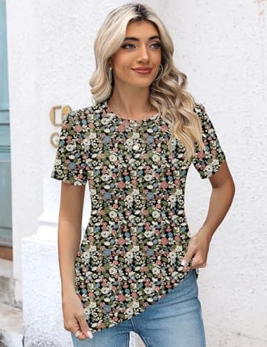 Kistore Womens Fashion Plus Size Short Sleeve Crew Neck Pleated Loose Fitting Summer Floral Tops for Women 3XL - Image 2