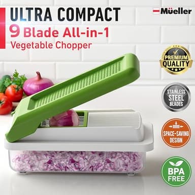 Mueller Vegetable Chopper 9 Blade, Mandoline Slicer, Food Veggie Chopper, Cheese Grater, Onion Vegetable Cutter with Container, Dicer, Kitchen Gadgets & Essentials, White Sand/Green - Image 3