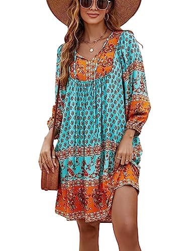 Bluetime Women Bohemian Summer Sundress Loose Fit 3/4 Sleeve Casual Dress V Neck Plus Size Cover ups (XXL, Neo Mint) - Image 1