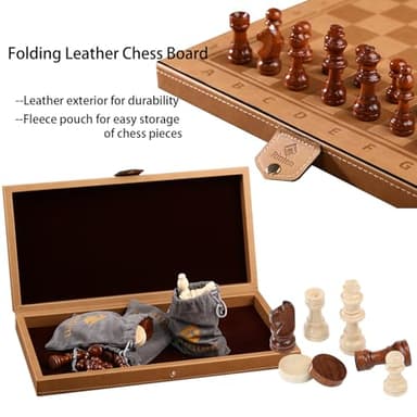 Rinten Chess Set Board for Kids & Adults, 12" Travel Magnetic Chess & Checkers Folding Board 2 in 1 Sets, Portable Folding Leather Chess Boards with 3 Velvet Bag Packaging Pieces - Image 2