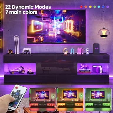 Bestier Black TV Stand for 55/60/65 Inch TV, High Gloss Modern TV Stand with Stone-Patterned Side Panels, LED Entertainment Center with Large Drawer, TV Consoles for Living Room, Bedroom - Image 6