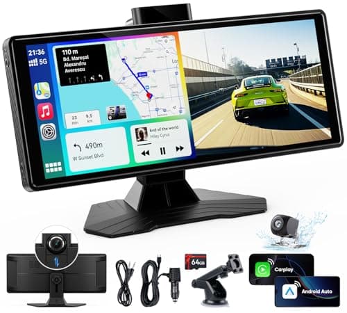 Portable Wireless Carplay Screen for Car: 10.26" HD Car Tablet Compatible with Apple Carplay Android Auto Stereo Touchscreen with 4K Dash Cam/Backup Camera/GPS Navigation/Mirror Link