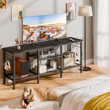 Furologee TV Stand with Power Outlets, Entertainment Center with Open Storage Shelves for TVs up to 55 Inch, Media Console Table with Soundbar Shelf for Living Room, Bedroom, Black Oak - Image 7