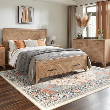 RELEANY Area Rugs 7'x9' Washable Non-Slip, Floral Vintage Distress Print Pattern Medallion Carpet for Living Room Bedroom Dining Room, Beige Navy Blue Orange Colorful - Image 1