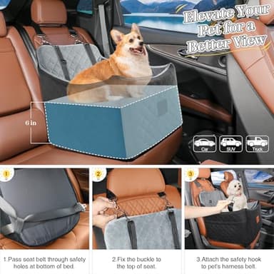 INDYBUD Dog Car Seat for Small Medium Dogs,Detachable Washable Dog Booster Seat Under 35lbs, Pet Car Seat Travel Bed with Storage Pockets and Safety Belt (Black/Grey, Medium) - Image 3