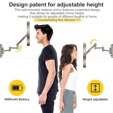 9" Wall Mounted Lighted Makeup Mirror,4000mAh Rechargeable Double Sided 1X/10X Magnifying Mirror with Light,3 Color Lights,Touch Dimmable,Extended Arm 360 Rotation Wall Mounted Makeup Mirror - Image 3