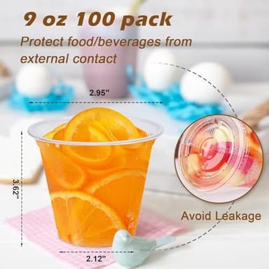 100 Pack 9 oz Clear Plastic Cups with Lids, Disposable Dessert Cup, Fruit Cup, Clear PET Cups for Cake, Cold Drink, Ice Cream, Salad - Image 6