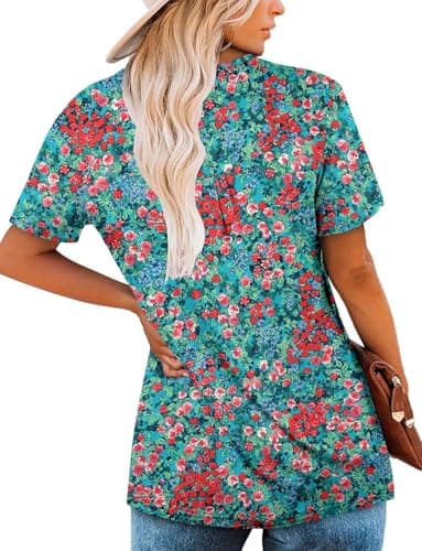 ROSELINLIN Womens Floral Tunic Tops Summer Dressy Casual Tops Short Sleeve V Neck Shirts Green Coral XL - Image 4
