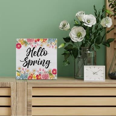 Spring Decor, Rustic Hello Spring Wood Sign Floral Art Decorations Tabletop Shelf Desk Home Decor, 5 X 5 Inches - Image 5