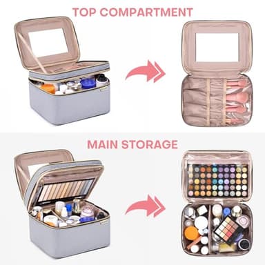 HXLGMD Large Makeup Bag with Mirror Double Layer Travel Make Up Organizer Case, Large Capacity Coemetic with Brush Slot Divider, Travel Toiletry Bag for Women (Grey) - Image 2