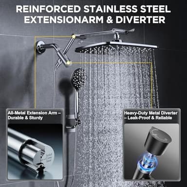 Veken Wide Rain Shower Head with Handheld, High Pressure Rainfall Showerhead Combo with Arm for Bathroom Accessories, Home Decor, Detachable Dual Shower with Multi Modes Handheld Spray, Silver Chrome - Image 2