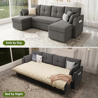 Huatean Home Oversized Sleeper Sofa Couch, 110 inch 2 in 1 Pullout Couch Bed with Double Storage Chaise, Sectional Sleeper Sofa Bed with Side Pocket for Living Room, Dark Grey - Image 4