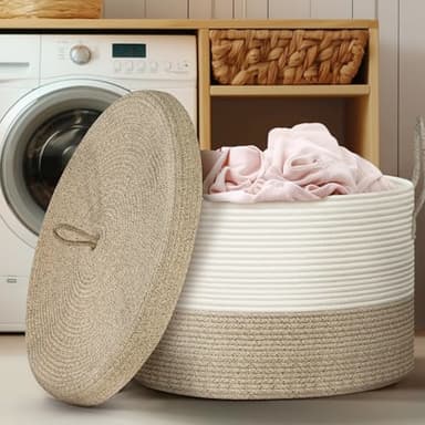 Noonkty Blanket Basket with Lid - Large Toy Basket for Baby 21.7" x 13.8" Woven Baskets Blanket Storage for Living Room Bedroom, Cotton Rope Laundry Baskets for Towels Pillow, White & Brown - Image 5