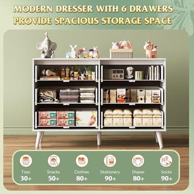 WLIVE 6 Drawer Dresser for Bedroom, 47.24'' Wide Wood White Dresser, Storage Organizer with Sturdy Metal Handle, TV Stand for 55 inch TV, Chest of Drawers for Living Room, Hallway, Closet - Image 4