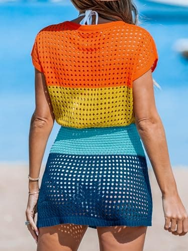 CUPSHE Women's Swimwear Cover Up Crochet Mini Dress V Neck Beachwear Short Sleeve Summer Rainbow Colorblock,L - Image 3