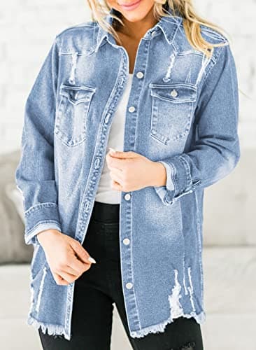 Dokotoo Womens Shacket Frayed Washed Button Down Distressed Fall Denim Shirts Oversize Casual Fashion Winter Long Sleeve Boyfriend Jean Coat Jeans Trucker Jacket With Pockets Sky Blue L - Image 2