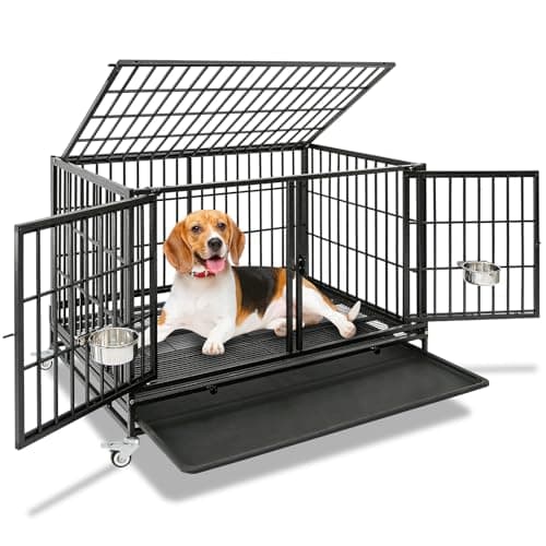 Homey Pet 43 Inch Dog Crate, Heavy Duty Stackable Dog Crate Cage Kennel for Medium Dogs with Divider, Bowls, 3 Door, Removable Grid & Tray, 4 Lockable Wheels, Breeding & Grooming Drop Cages for Dogs - Image 1