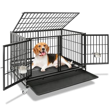 Homey Pet 43 Inch Dog Crate, Heavy Duty Stackable Dog Crate Cage Kennel for Medium Dogs with Divider, Bowls, 3 Door, Removable Grid & Tray, 4 Lockable Wheels, Breeding & Grooming Drop Cages for Dogs - Image 1