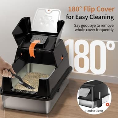 Eosarcu Stainless Steel Cat Litter Box with Lid, 180° Flip-Top XL Extra Large Enclosed Litter Box, Covered Metal High Sided Litter Pan with Steps & Scoop, Easy Cleaning, Odor Control,Non-Sticky-Black - Image 2