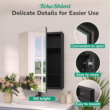 TokeShimi 24 x 32 Mirrored Medicine Cabinet Recessed or Surface Mount, Aluminum Tempered Bathroom Medicine Cabinet with Mirror with Storage Black Stepless Adjustable Metal Shelves Farmhouse - Image 8