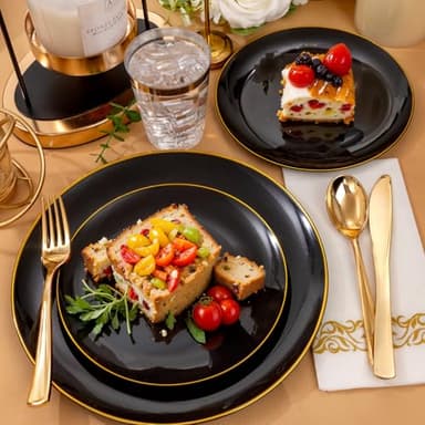 Supernal 350pcs Black & Gold Plastic Dinnerware Set, Elegant Black Plates with Golden Edges, Gold Plastic Silverware, Durable Tableware Perfect for Birthdays, Parties, Wedding, Celebration - Image 6