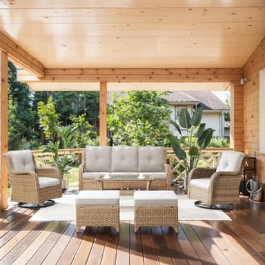 Belord Wicker Outdoor Furniture Patio Furniture Set - 6 Piece Patio Conversation Set with Swivel Rocker Chairs, Rattan Sofa, Ottomans and Coffee Table, Beige Cushion - Image 1