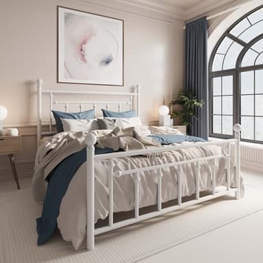 SHA CERLIN 14'' Queen Size Metal Platform Bed Frame/Victorian Headboard and Footboard/Steel Slats Mattress Foundation for Storage/No Box Spring Needed/Noise Free/White - Image 3