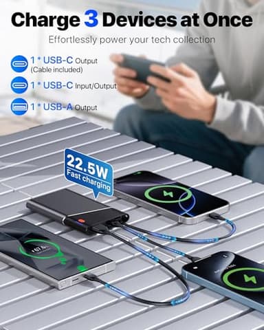Aaoyun Portable Charger Power Bank, 10000mAh 22.5W PD Super Fast Charging Powerbank with Built-in USB C in&Out Cable, Slim External Phone Battery Pack for iPhone 17/16 Samsung S24 etc (Grey) - Image 3