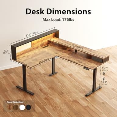 Agilestic L-Shaped Electric Standing Desk, 63x55 Inch Ergonomic Adjustable Height Desk with Storage, Stand Up Corner Desk Sit Stand Computer Table Power Outlet & LED Lights, Office Table, Rustic Brown - Image 9
